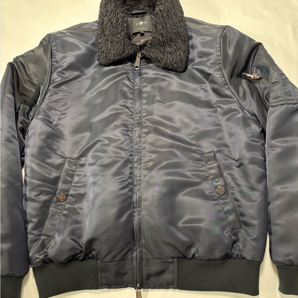 7 for All Mankind Men's Black Bomber Jacket with Faux Fur Collar